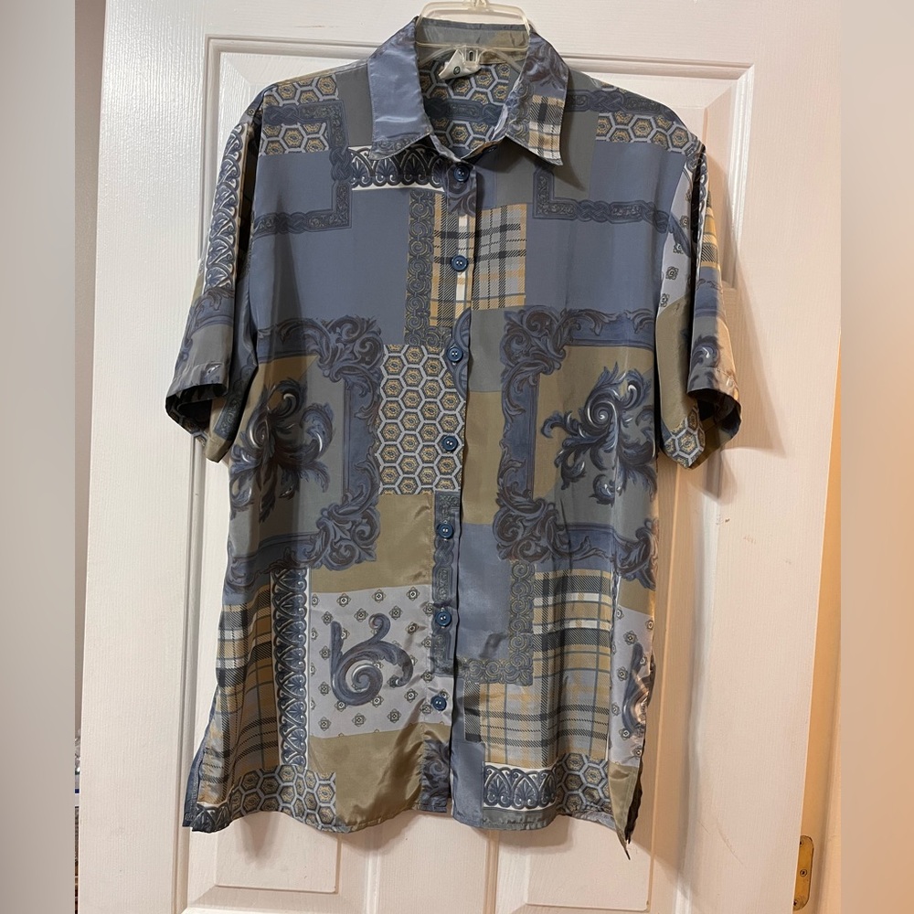 Satin Blue Button Down Shirt withh Flo Print